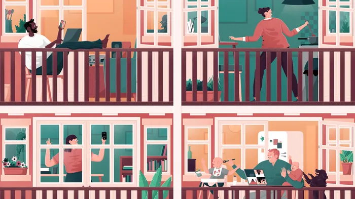 Illustration of people doing home activities viewed from outside with balconies, by Jacob Stead