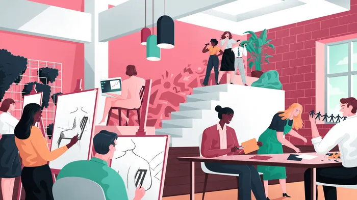 Illustration of people collaborating in a creative workspace by Jacob Stead