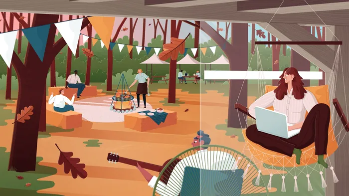 Outdoor workspace with people, trees, bunting, and laptops by Jacob Stead