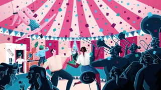 Colorful circus tent party with dancing people and audience by Jacob Stead