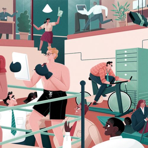 Business people training and collaborating in an office setting, illustration by Jacob Stead