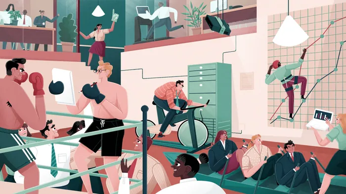 Business people training and collaborating in an office setting, illustration by Jacob Stead