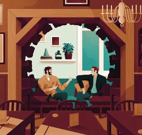 Two men talking in cozy café interior by Jacob Stead
