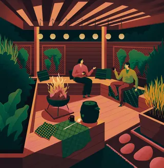 Two people chatting by a fire pit under a pergola surrounded by plants, by Jacob Stead