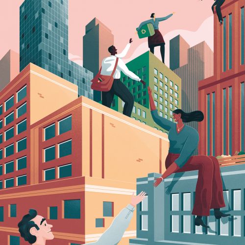 People climbing buildings in cityscape by Jacob Stead