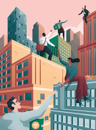 People climbing buildings in cityscape by Jacob Stead
