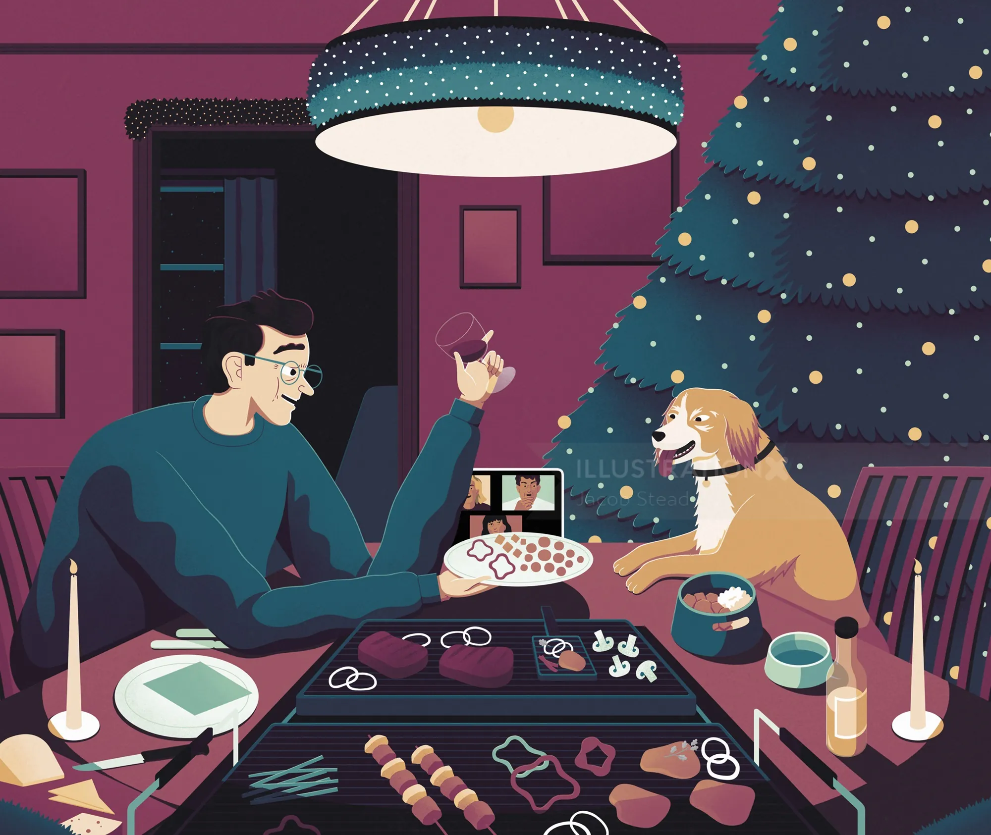 A man decorating cookies with his dog watching by a Christmas tree by Jacob Stead