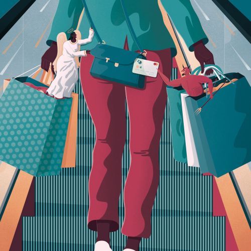 Menschen mit Einkaufstüten auf einer Rolltreppe, Illustration von Jacob Stead
