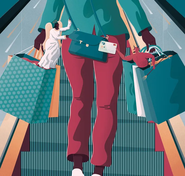 People holding shopping bags on an escalator, illustration by Jacob Stead