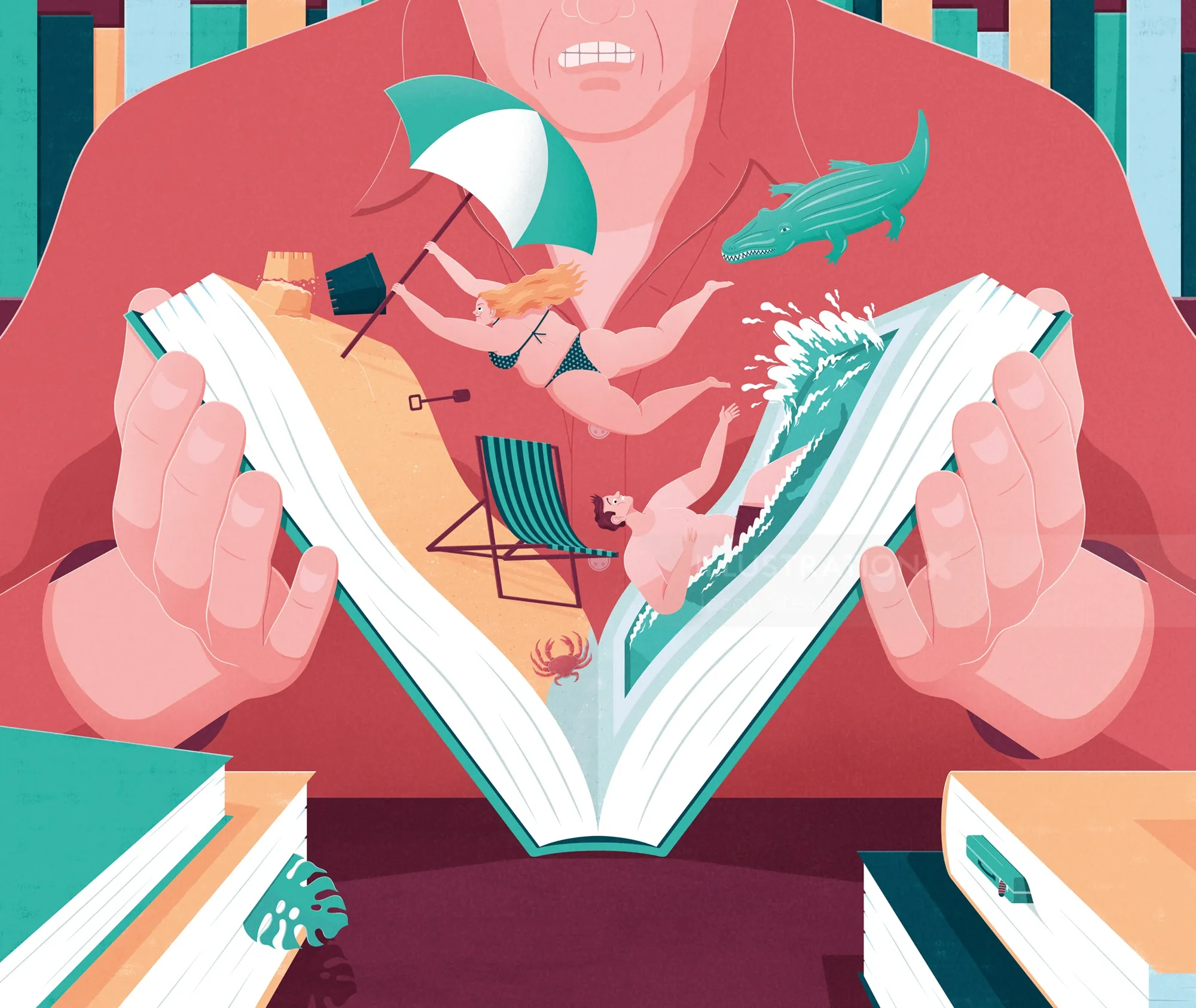 Illustration of open book with beach scene by Jacob Stead