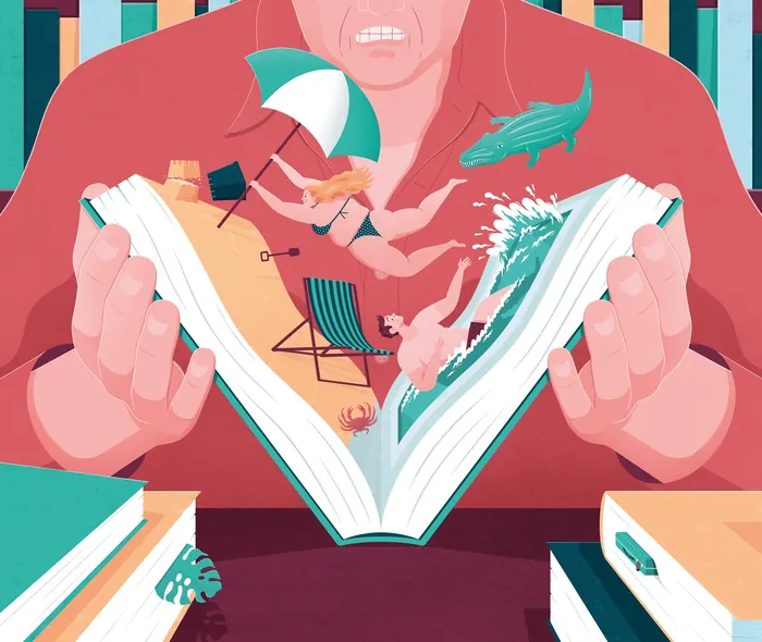 Illustration of open book with beach scene by Jacob Stead