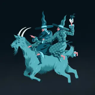 Two witches riding a blue goat holding a skull by Jacob Stead
