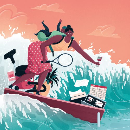 Woman balancing on surfboard holding tennis racket and coffee by Jacob Stead