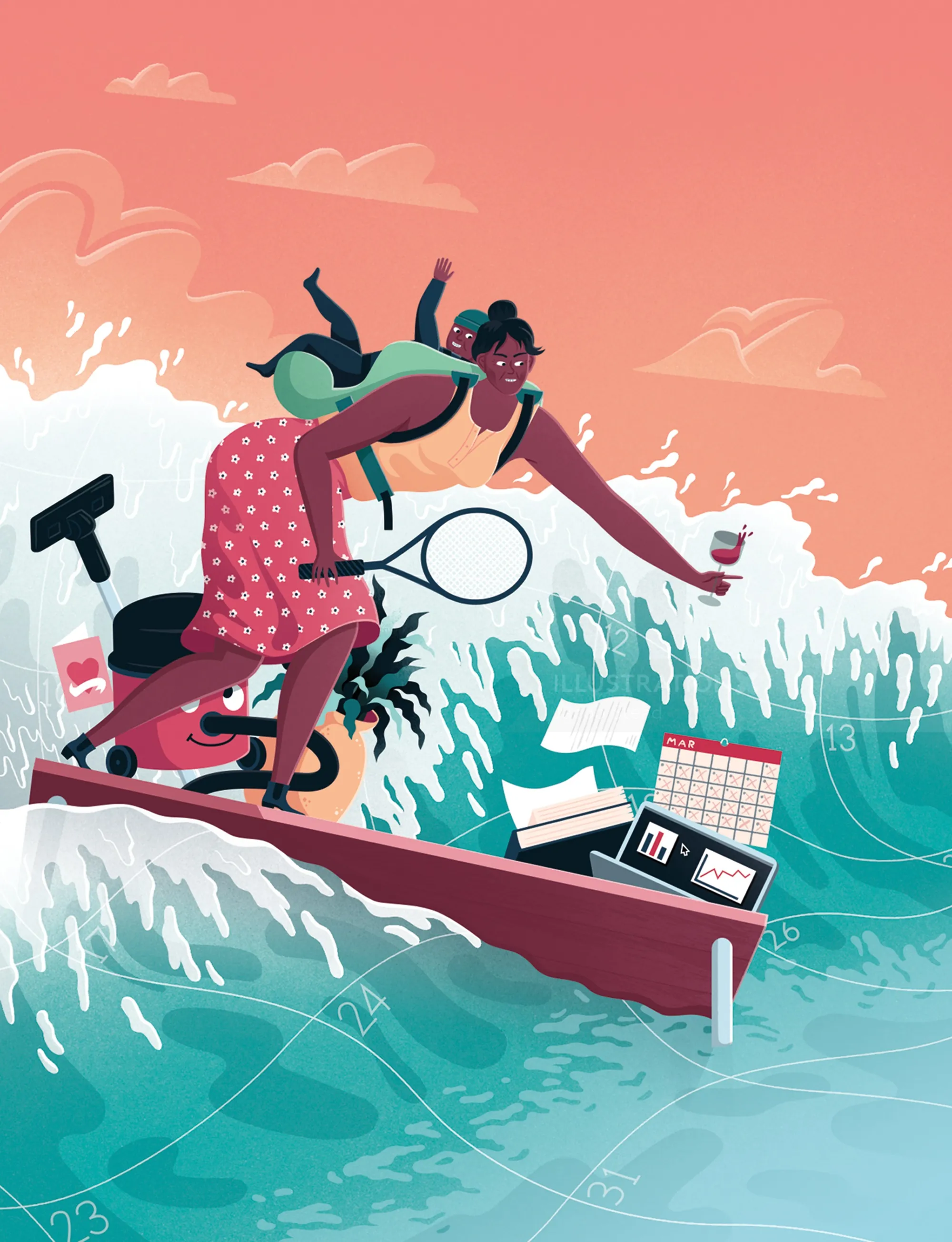 Woman balancing on surfboard holding tennis racket and coffee by Jacob Stead