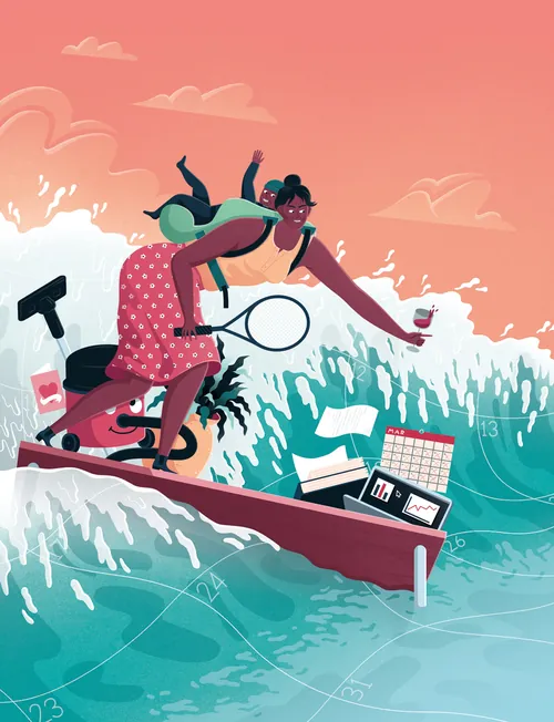 Woman balancing on surfboard holding tennis racket and coffee by Jacob Stead