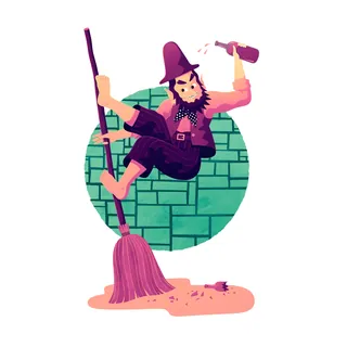Witch balancing on broomstick holding a potion bottle by Jacob Stead