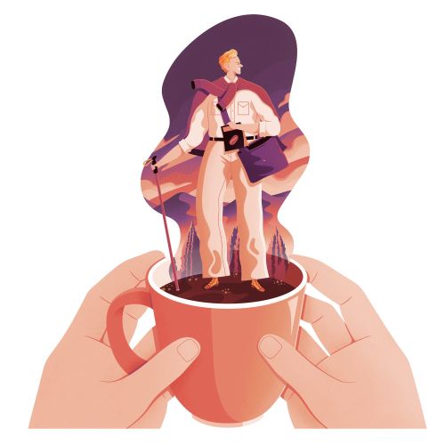 Person standing in coffee cup with swirling steam artwork by Jacob Stead