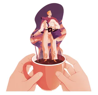 Person standing in coffee cup with swirling steam artwork by Jacob Stead