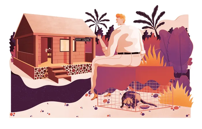 Illustration of a man sitting outside a tropical cabin with palm trees by Jacob Stead