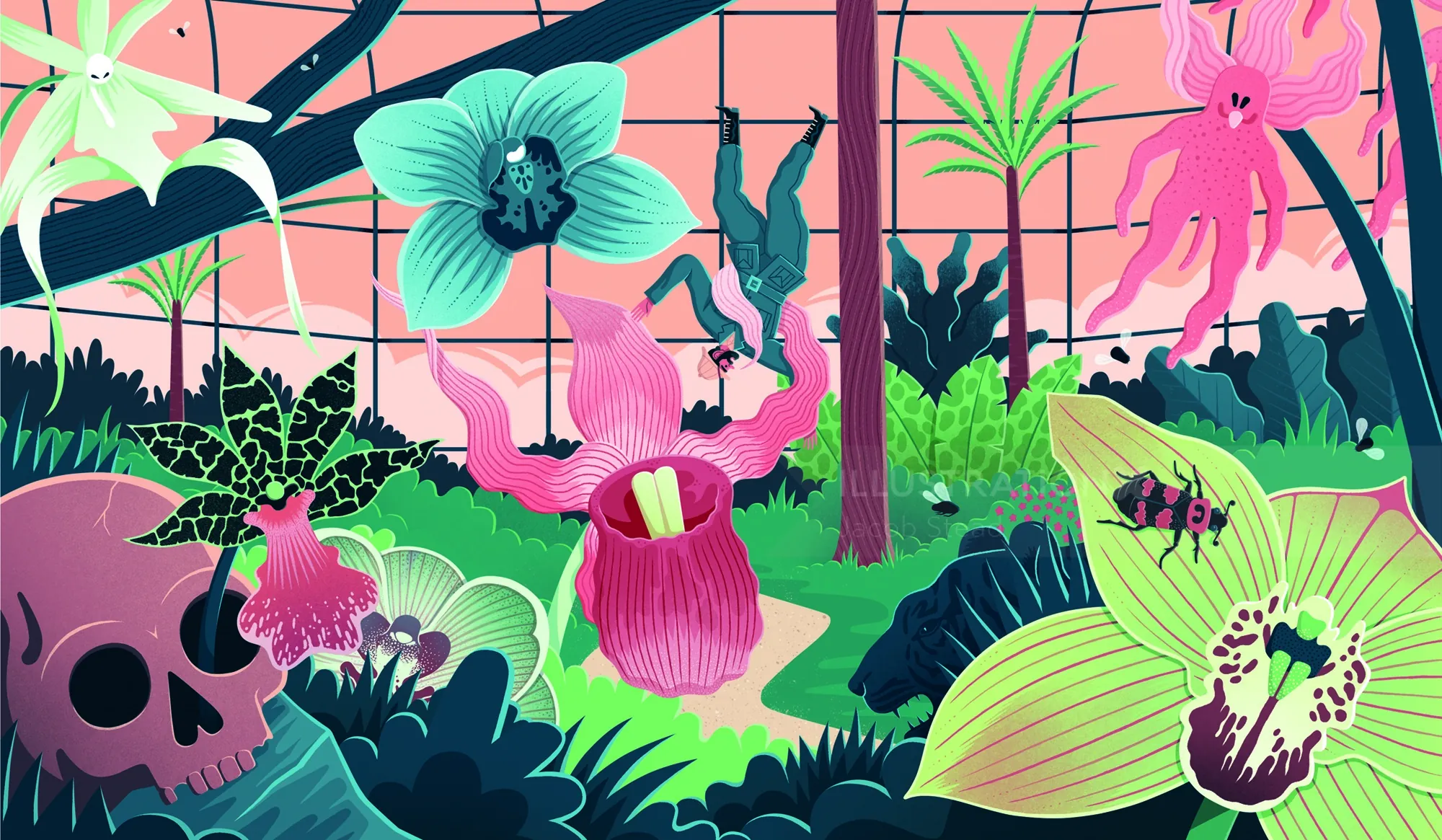 Vibrant botanical illustration with exotic flowers and skulls by Jacob Stead
