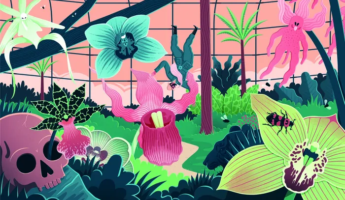 Vibrant botanical illustration with exotic flowers and skulls by Jacob Stead