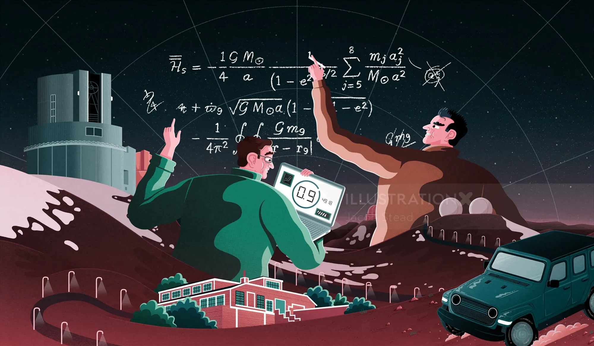Two scientists on Mars surface working on calculations with observatory and rover nearby by Jacob St