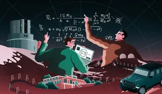 Two scientists on Mars surface working on calculations with observatory and rover nearby by Jacob St