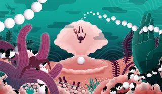 Diver exploring a giant pearl inside an open shell underwater by Jacob Stead