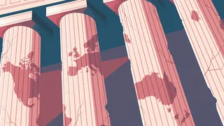 Classical columns featuring a world map overlay by Jacob Stead