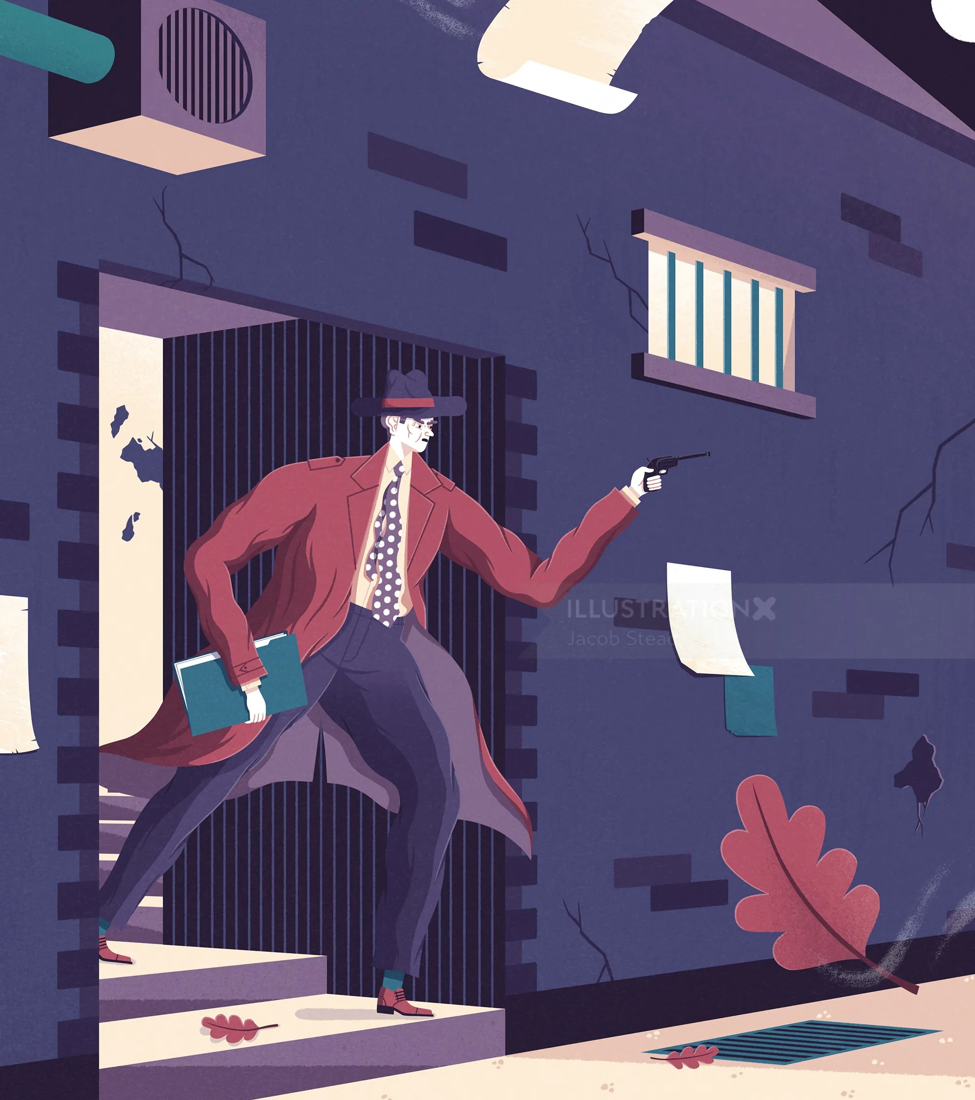 Illustration of man holding a gun and book outside building by Jacob Stead