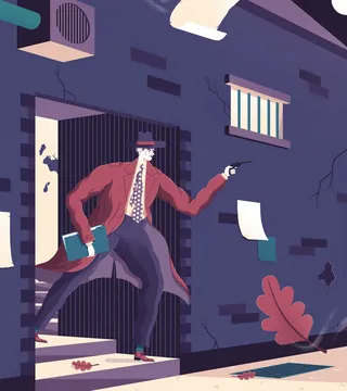 Illustration of man holding a gun and book outside building by Jacob Stead