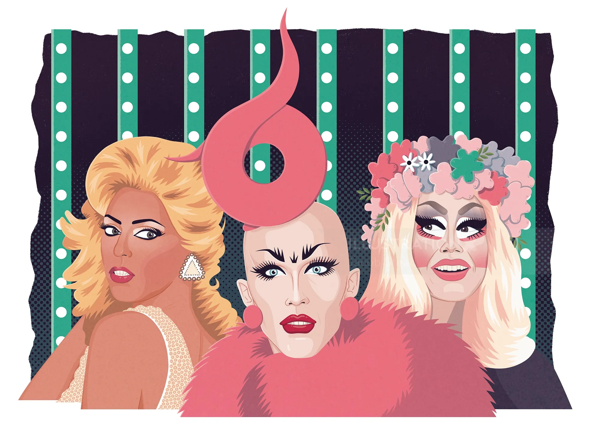 Digital illustration of three drag queens with bold makeup by Jacob Stead