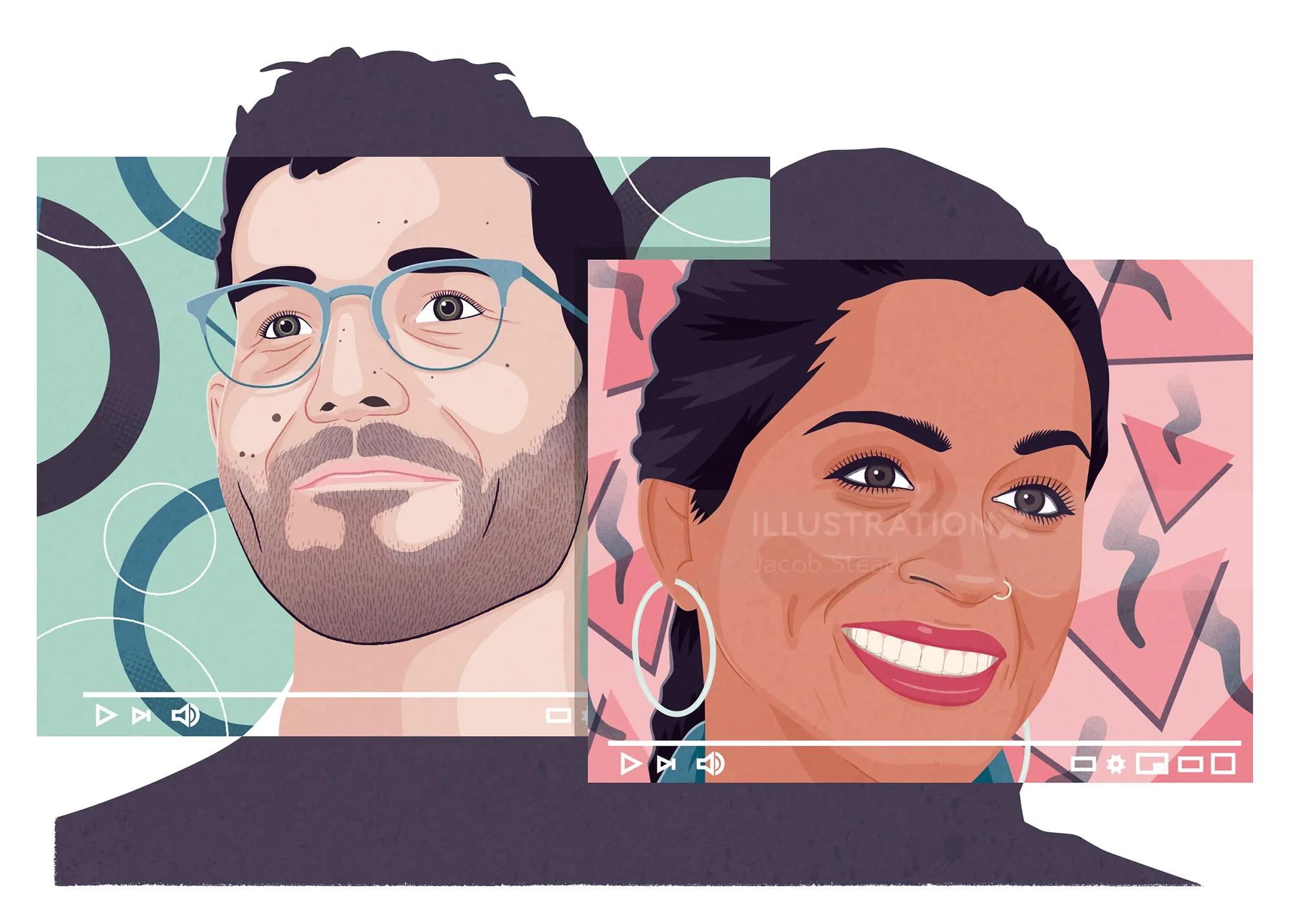 Digital portraits of man with glasses and woman with earrings by Jacob Stead