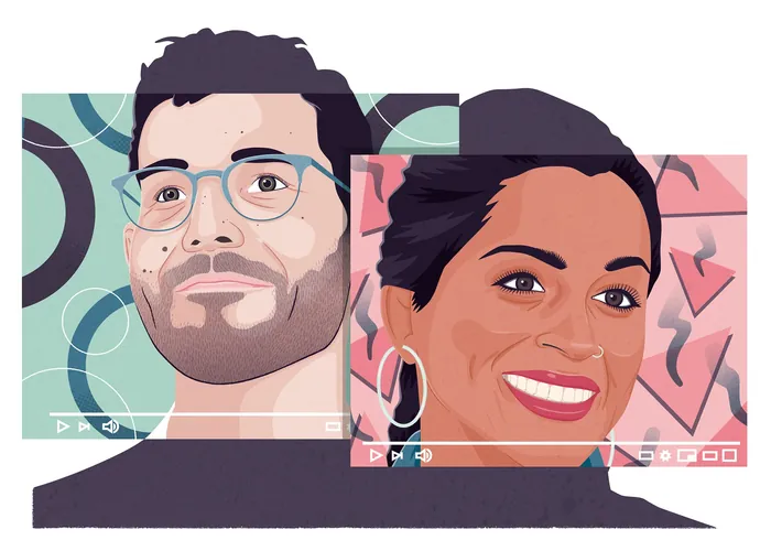 Digital portraits of man with glasses and woman with earrings by Jacob Stead