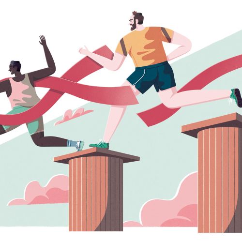 Two athletes jumping over obstacles in a race by Jacob Stead