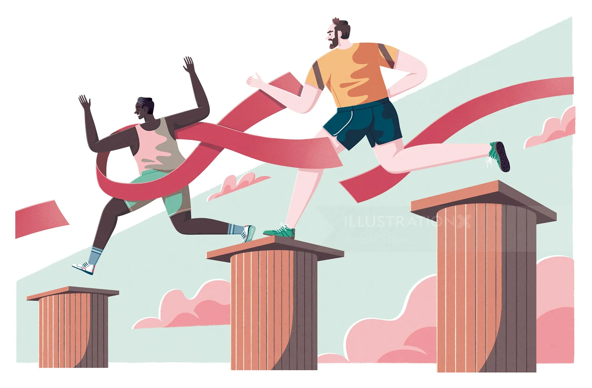 Two athletes jumping over obstacles in a race by Jacob Stead