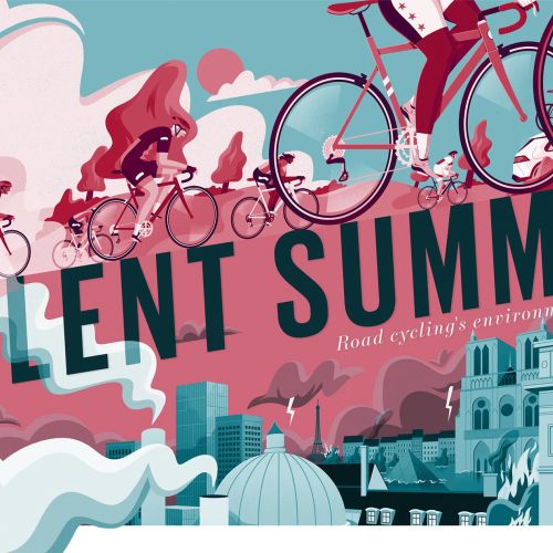 Cyclists riding over cityscape with Silent Summer text by Jacob Stead