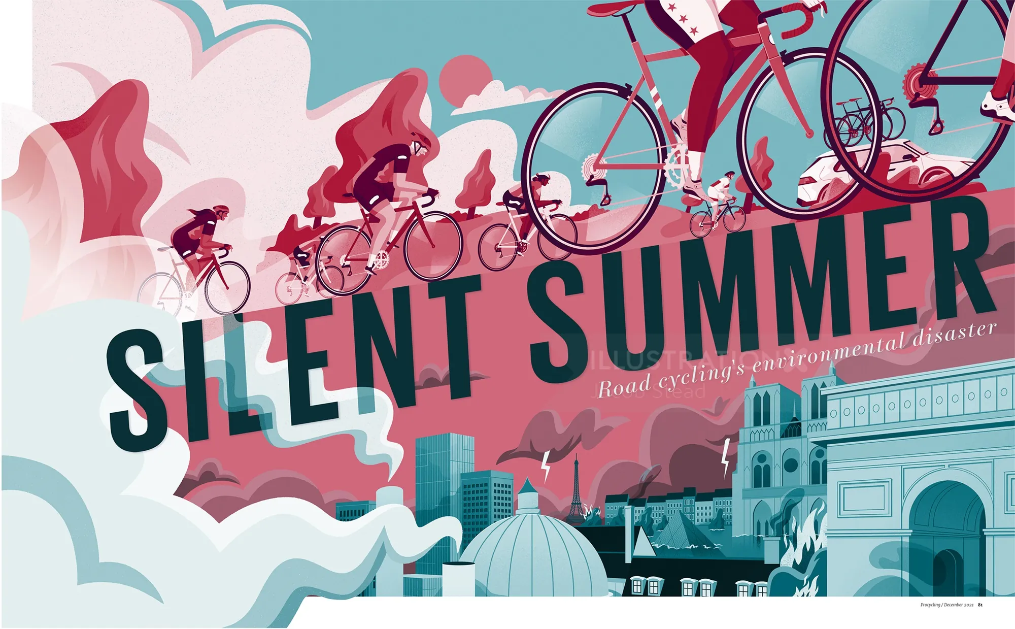 Cyclists riding over cityscape with Silent Summer text by Jacob Stead