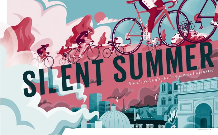 Cyclists riding over cityscape with Silent Summer text by Jacob Stead