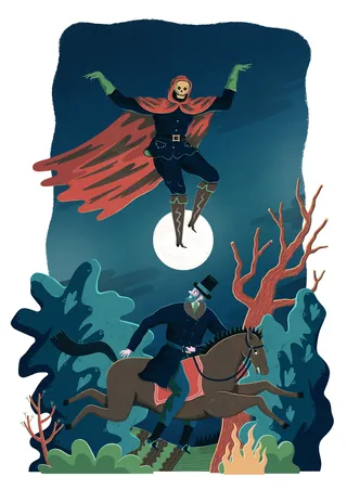 Masked figure levitating over horseback rider with campfire, art by Jacob Stead