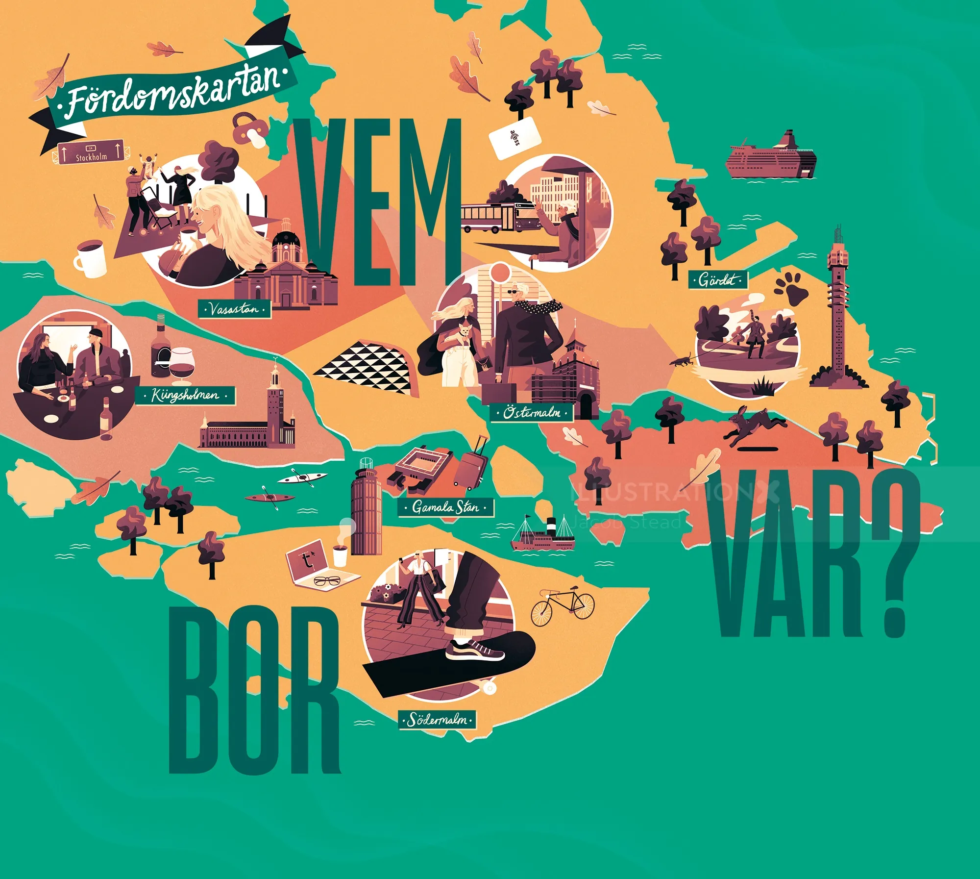 Illustrated map of Swedish cities with landmarks and people by Jacob Stead