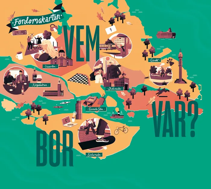 Illustrated map of Swedish cities with landmarks and people by Jacob Stead