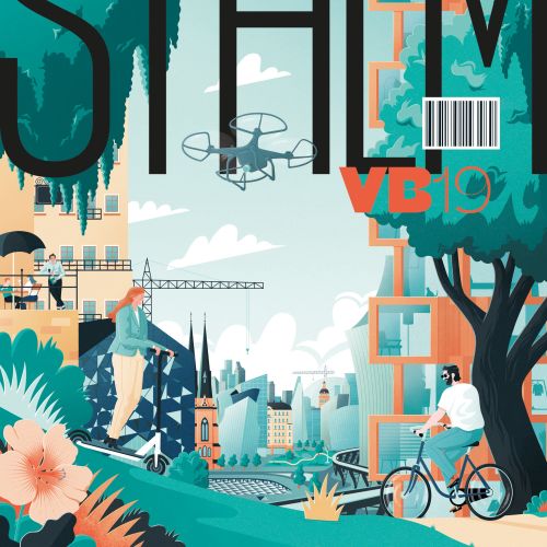 City park with drone flying overhead and cyclist riding near trees by Jacob Stead