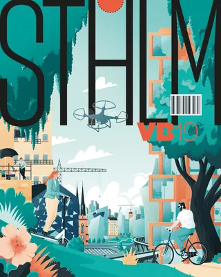 City park with drone flying overhead and cyclist riding near trees by Jacob Stead