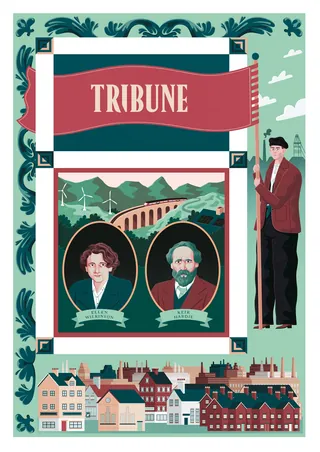 Tribune banner with two portraits, wind turbines, bridge, and town scene by Jacob Stead