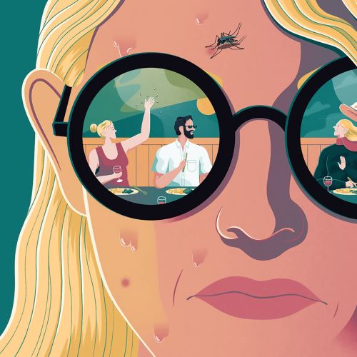 Person wearing sunglasses reflecting two couples dining, illustrated by Jacob Stead
