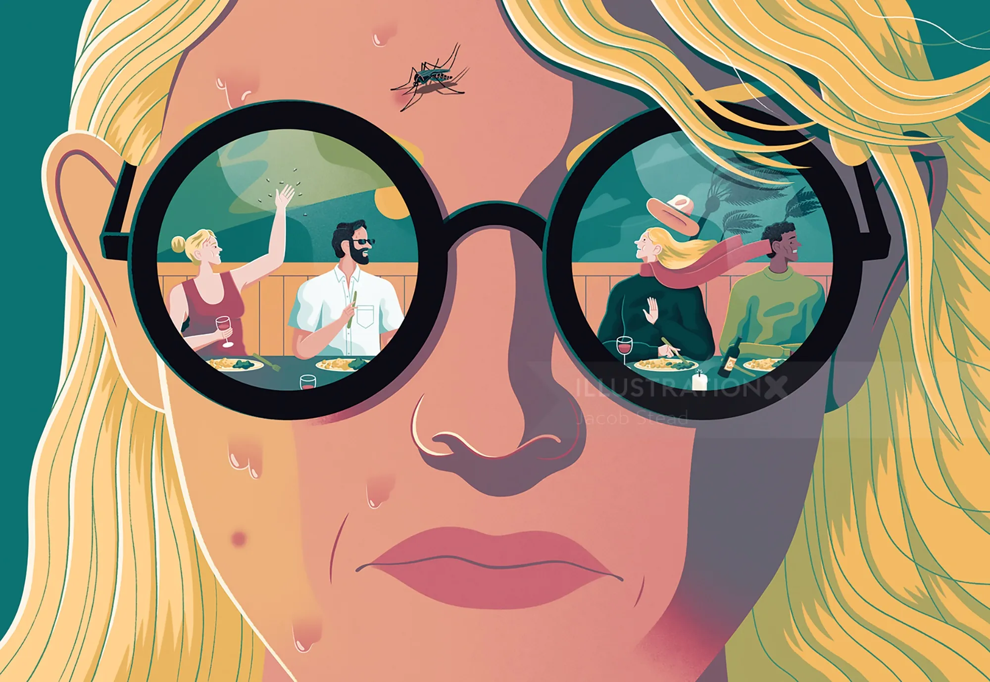 Person wearing sunglasses reflecting two couples dining, illustrated by Jacob Stead