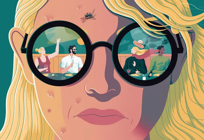Person wearing sunglasses reflecting two couples dining, illustrated by Jacob Stead