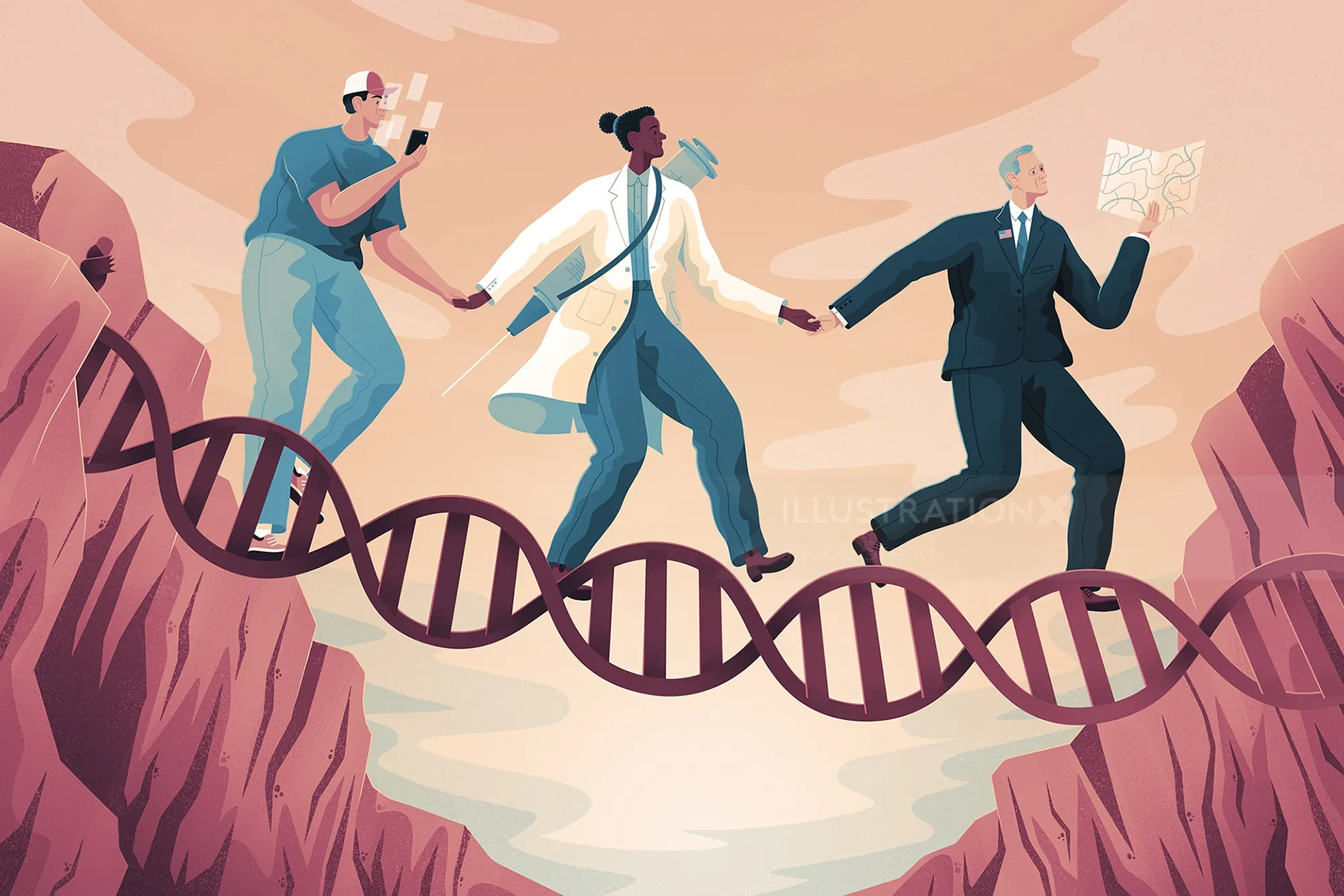 Business people balancing and crossing a DNA strand bridge over a canyon by Jacob Stead