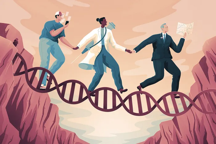Business people balancing and crossing a DNA strand bridge over a canyon by Jacob Stead